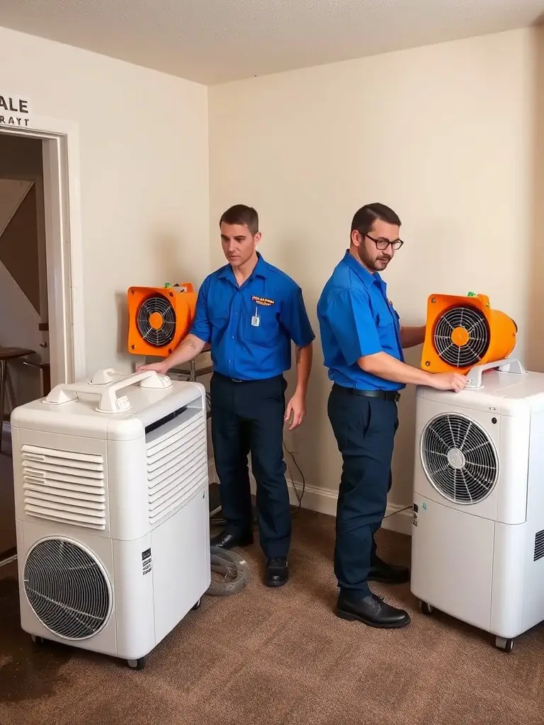 Technicians setting up dehumidifiers and air movers in a water-damaged room, ensuring thorough drying.