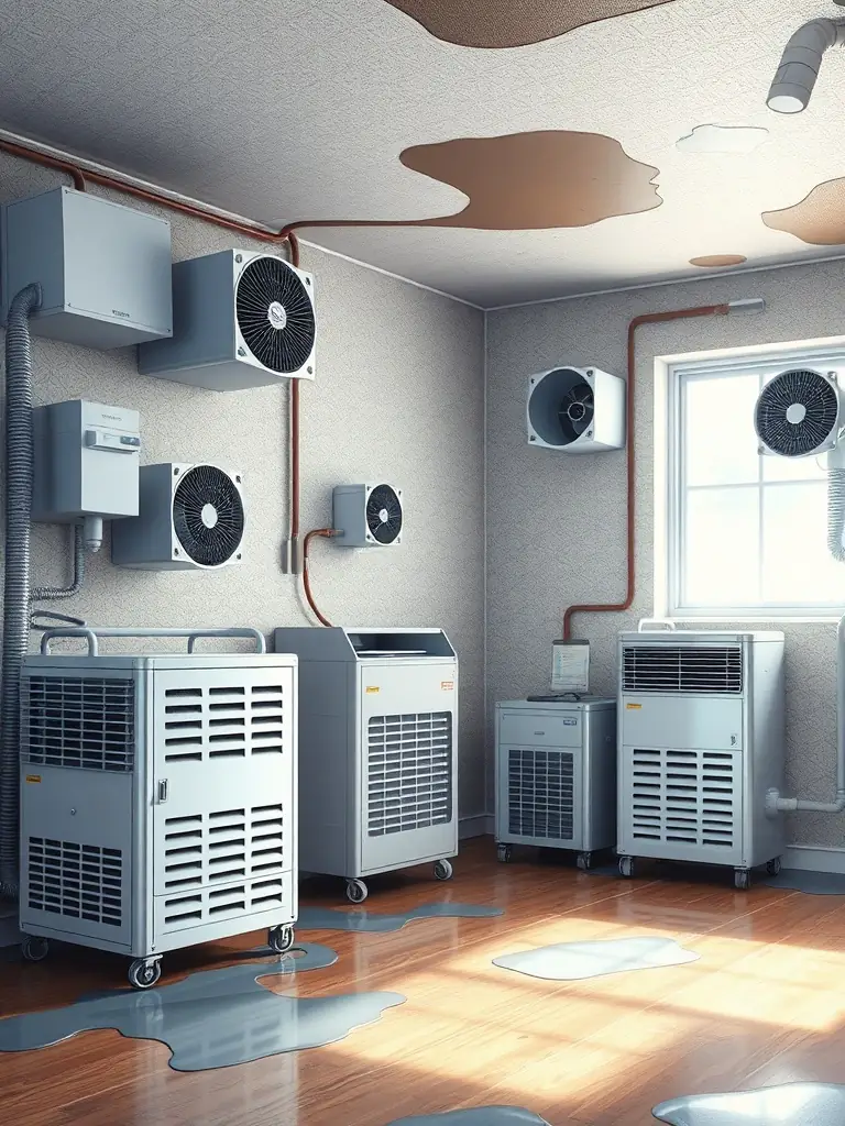 An image of industrial dehumidifiers and air movers set up in a water-damaged room, illustrating the drying and dehumidification process by Ethos Water Damage Restoration.