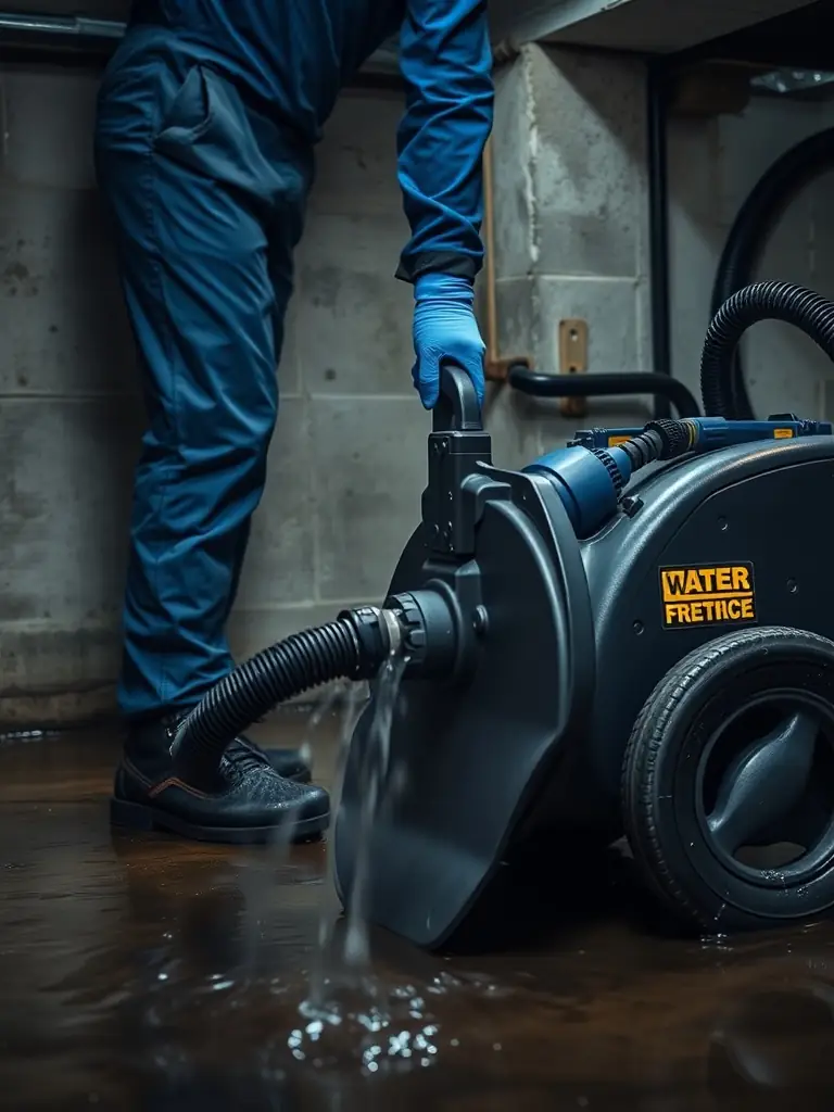 A professional technician using high-powered water extraction equipment in a flooded basement, ensuring quick water removal.