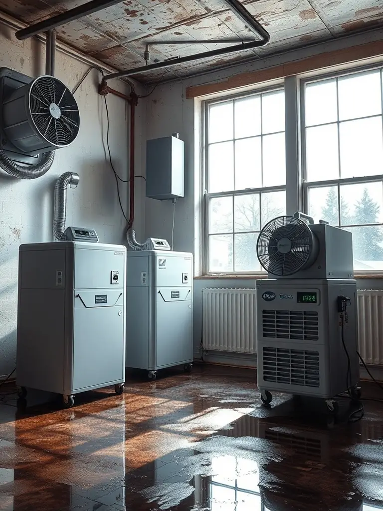 Industrial dehumidifiers and air movers drying a water-damaged room, emphasizing the thoroughness of the drying process.
