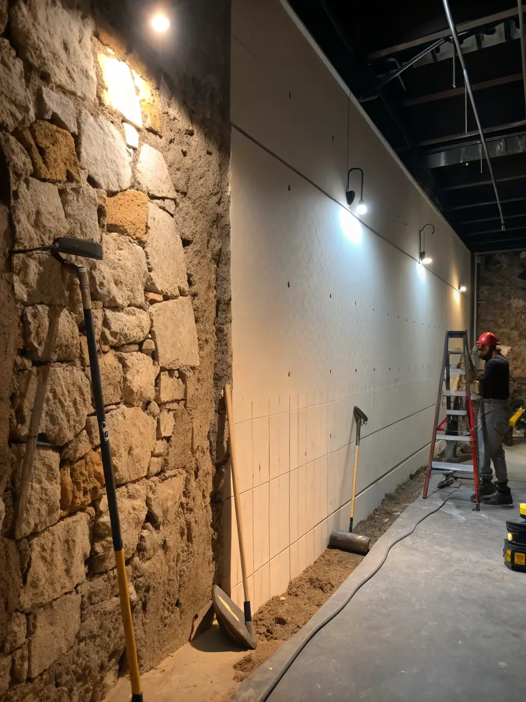 A before-and-after photo showing structural repairs completed by Ethos Water Damage Restoration, restoring a damaged wall to its original condition in Vancouver.