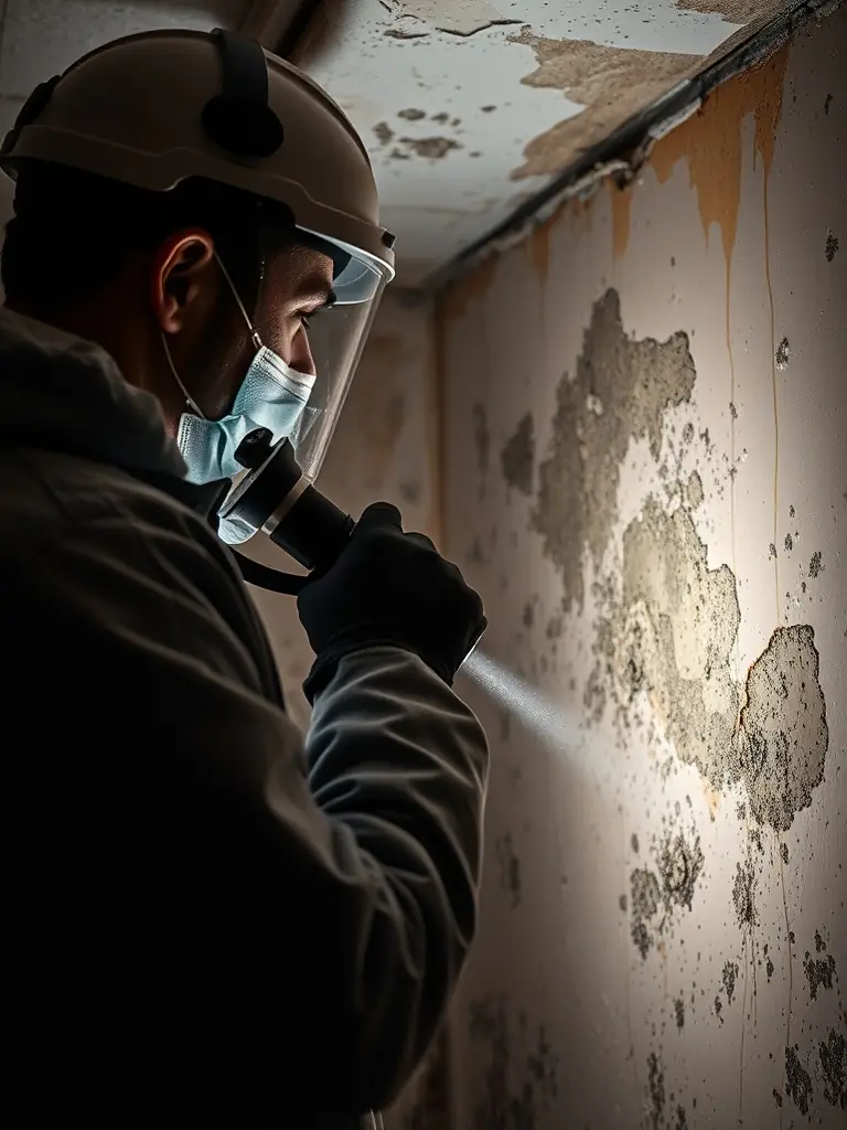 A technician wearing protective gear inspecting mold growth on a wall, ensuring safe mold removal.