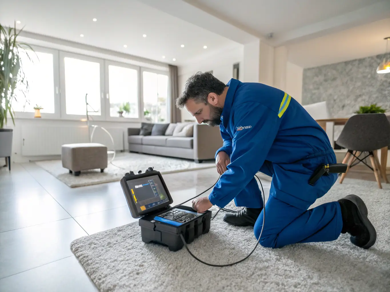 A photo of a technician from Ethos Water Damage Restoration Vancouver using advanced moisture detection equipment to assess water damage in a home. The technician is wearing a company uniform and the setting is a typical residential living room.