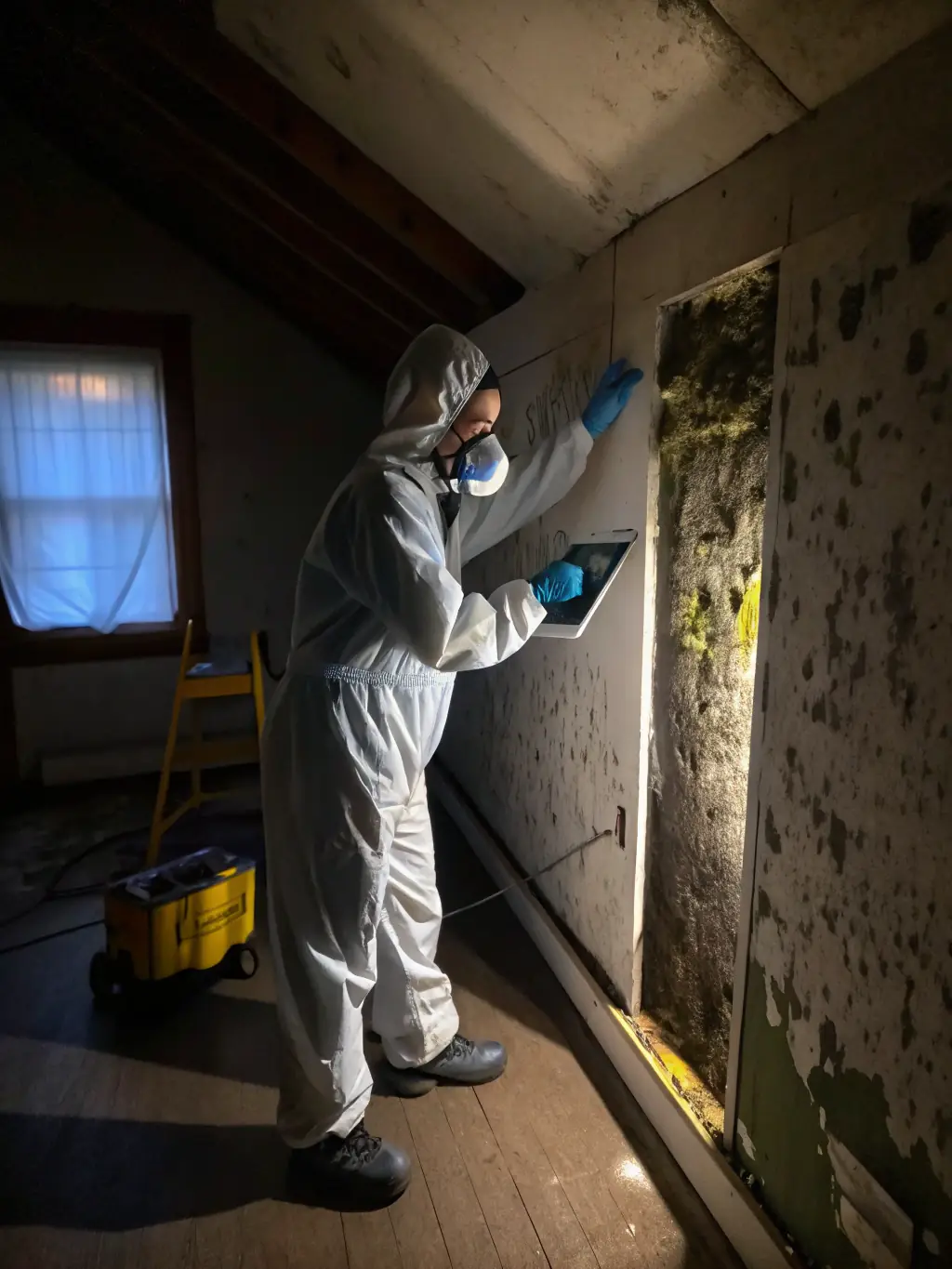 A picture of Ethos Water Damage Restoration specialists in protective gear, carefully removing mold from a water-damaged wall in a Vancouver building.