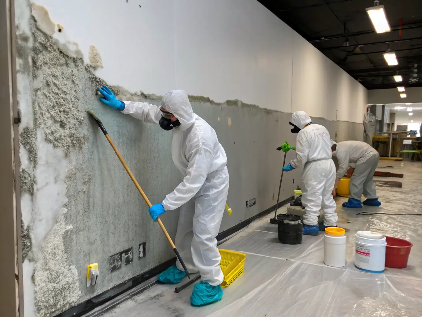 A photo showcasing the meticulous mold remediation process undertaken by Ethos Water Damage Restoration Vancouver, with technicians in full protective gear carefully removing mold from a residential property.