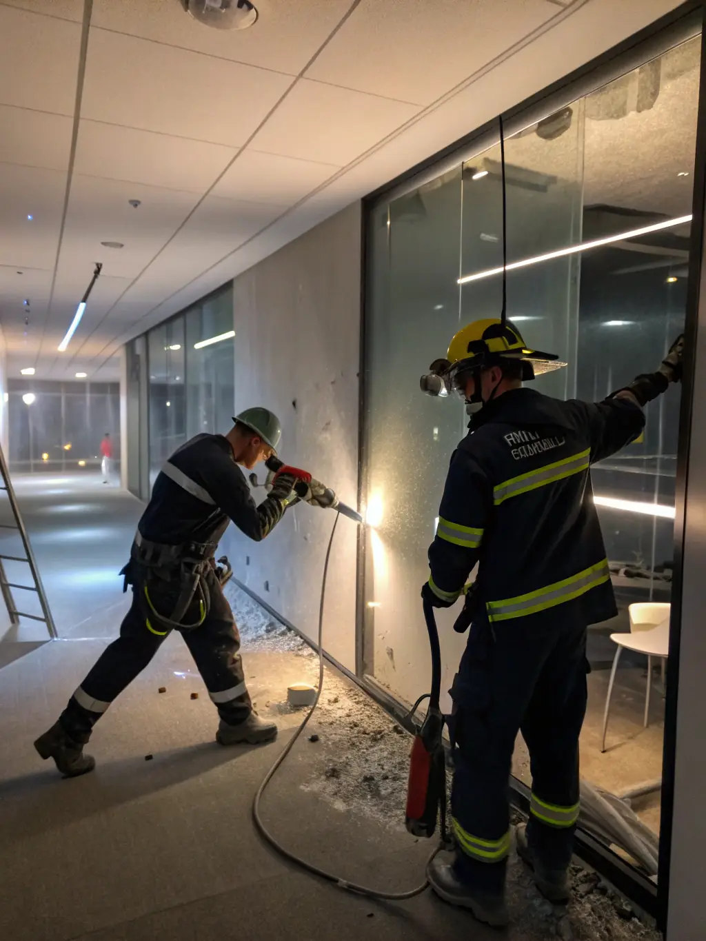 Construction workers repairing water-damaged drywall and flooring, restoring the property's integrity.