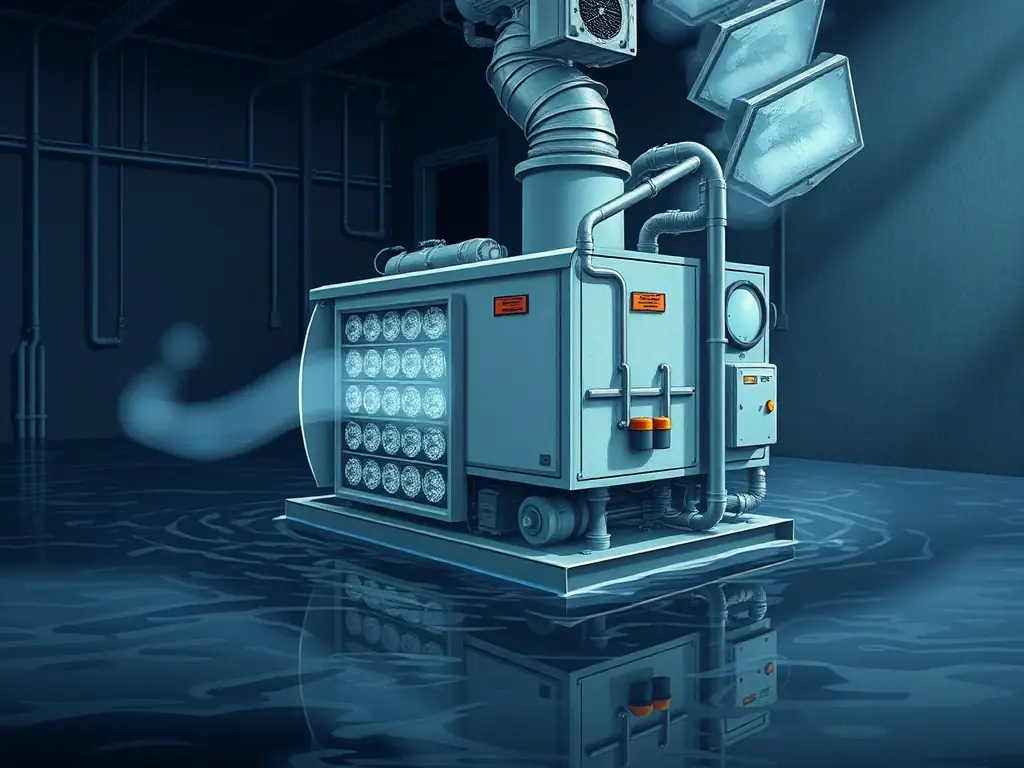 An image depicting industrial-grade dehumidifiers and air movers used by Ethos Water Damage Restoration Vancouver to thoroughly dry a water-damaged property.