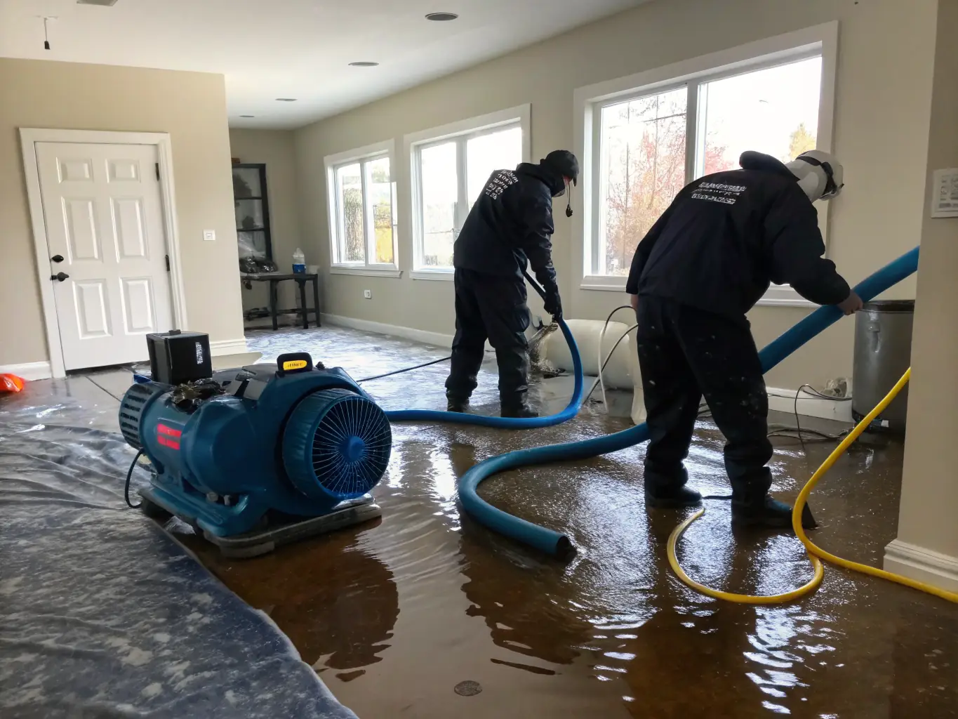 A photo of a team from Ethos Water Damage Restoration Vancouver working diligently to extract water from a flooded commercial building. The team is using professional-grade water extraction equipment and wearing safety gear.
