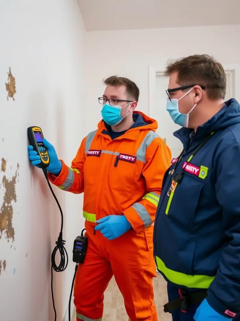 Technicians in protective gear safely removing mold from a wall, highlighting the importance of professional mold remediation.