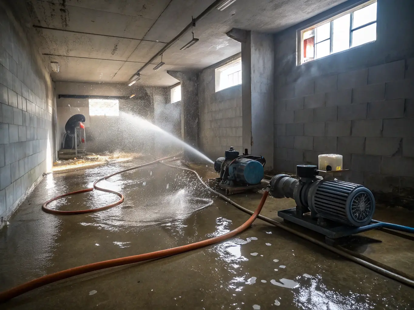 A photo showcasing Ethos Water Damage Restoration Vancouver's team extracting water from a flooded basement, highlighting their quick response and professional equipment.