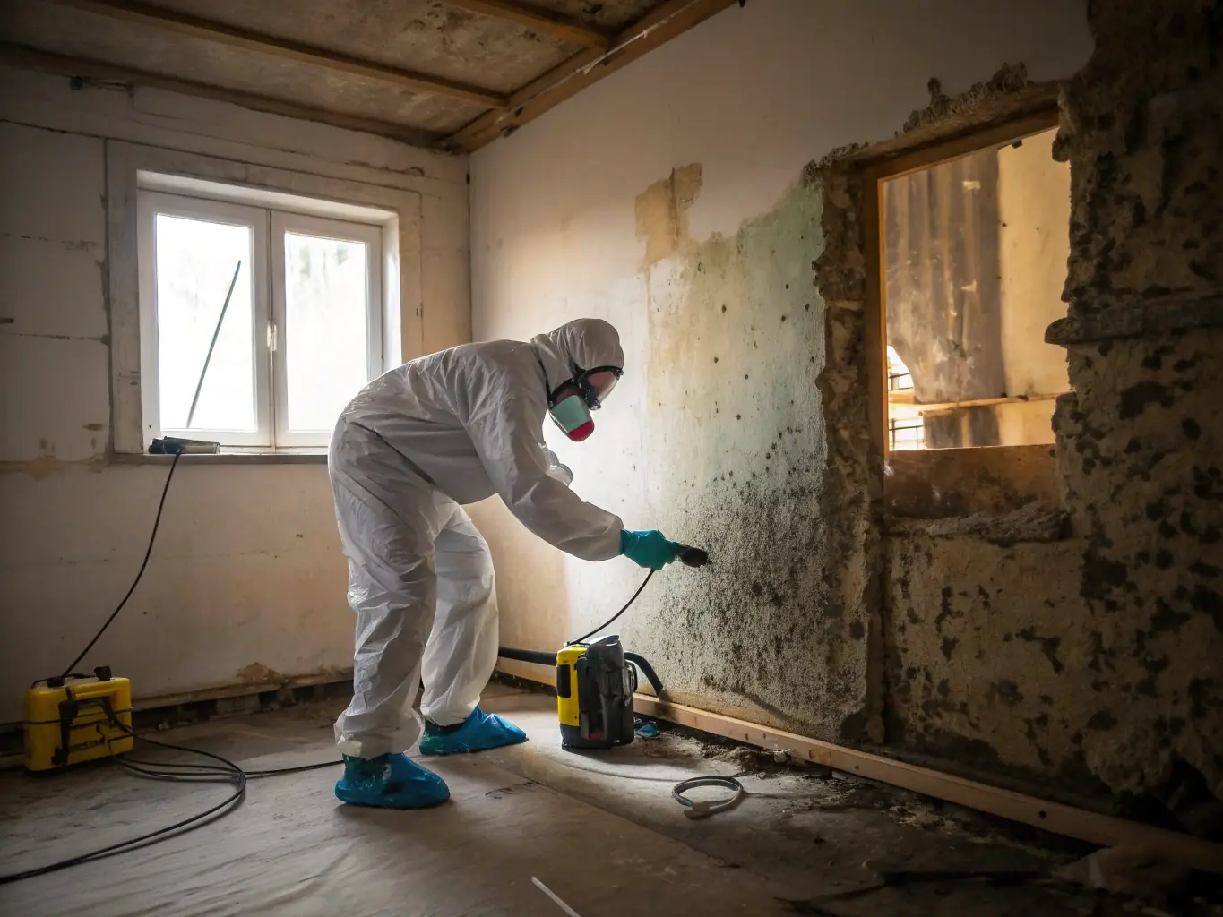 A photo showing Ethos Water Damage Restoration Vancouver's technicians conducting mold remediation in a home, wearing protective gear and using specialized equipment.